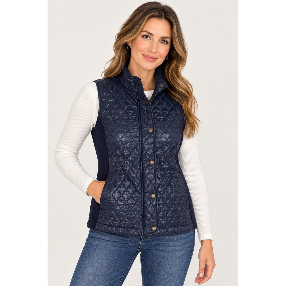Talbots Womens M Navy Blue Quilted Puffer Vest Fleece Lined Mock Neck Full Zip